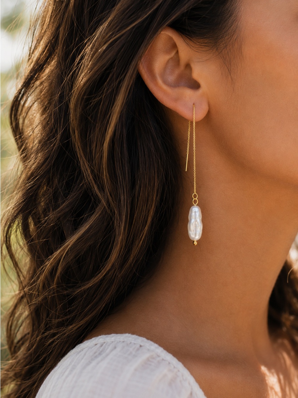 Irregular Gold Pearl Threader Earrings | Minimalist Dainty Drop Earrings